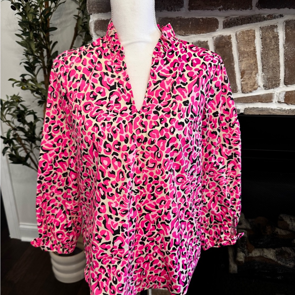 Lilly Pulitzer Pink and Black Mandarin Collar Blouse